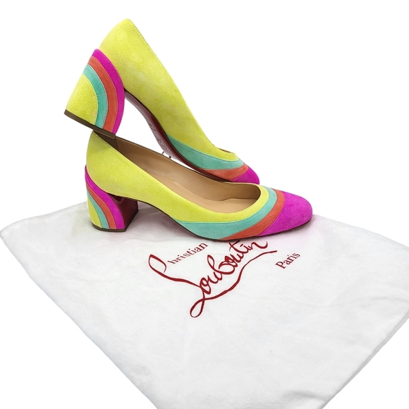 Christian Louboutin Arkanciella 55 Colorblock Suede Pumps Block Heels Multi 38.5 - Picture 2 of 16
